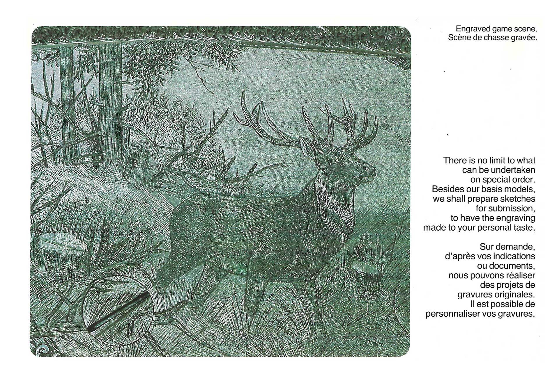An engraved game scene of an elk in the woods.