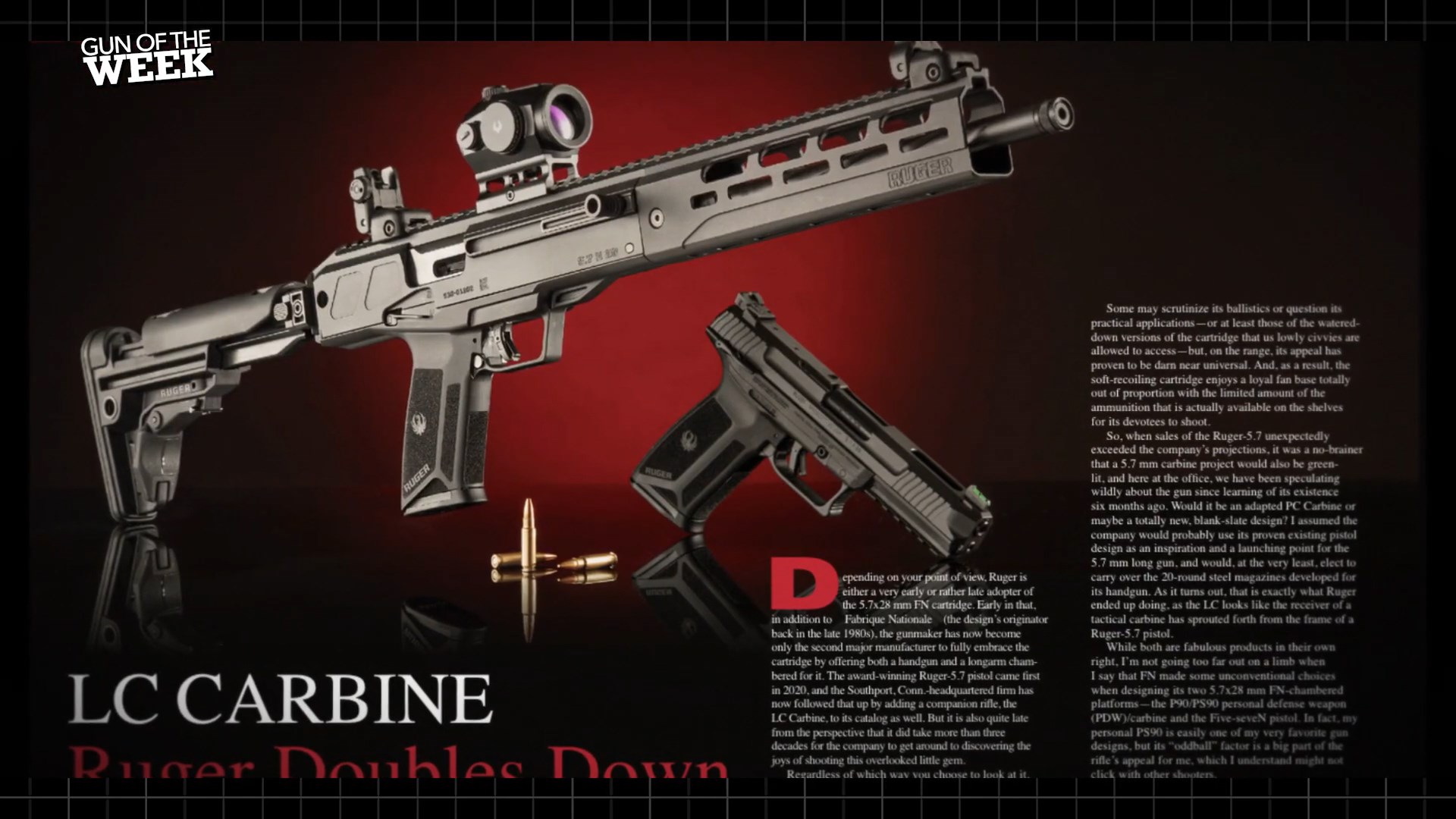 magazine centerfold spread showing ruger guns lc carbine ruger pistol red black text on image
