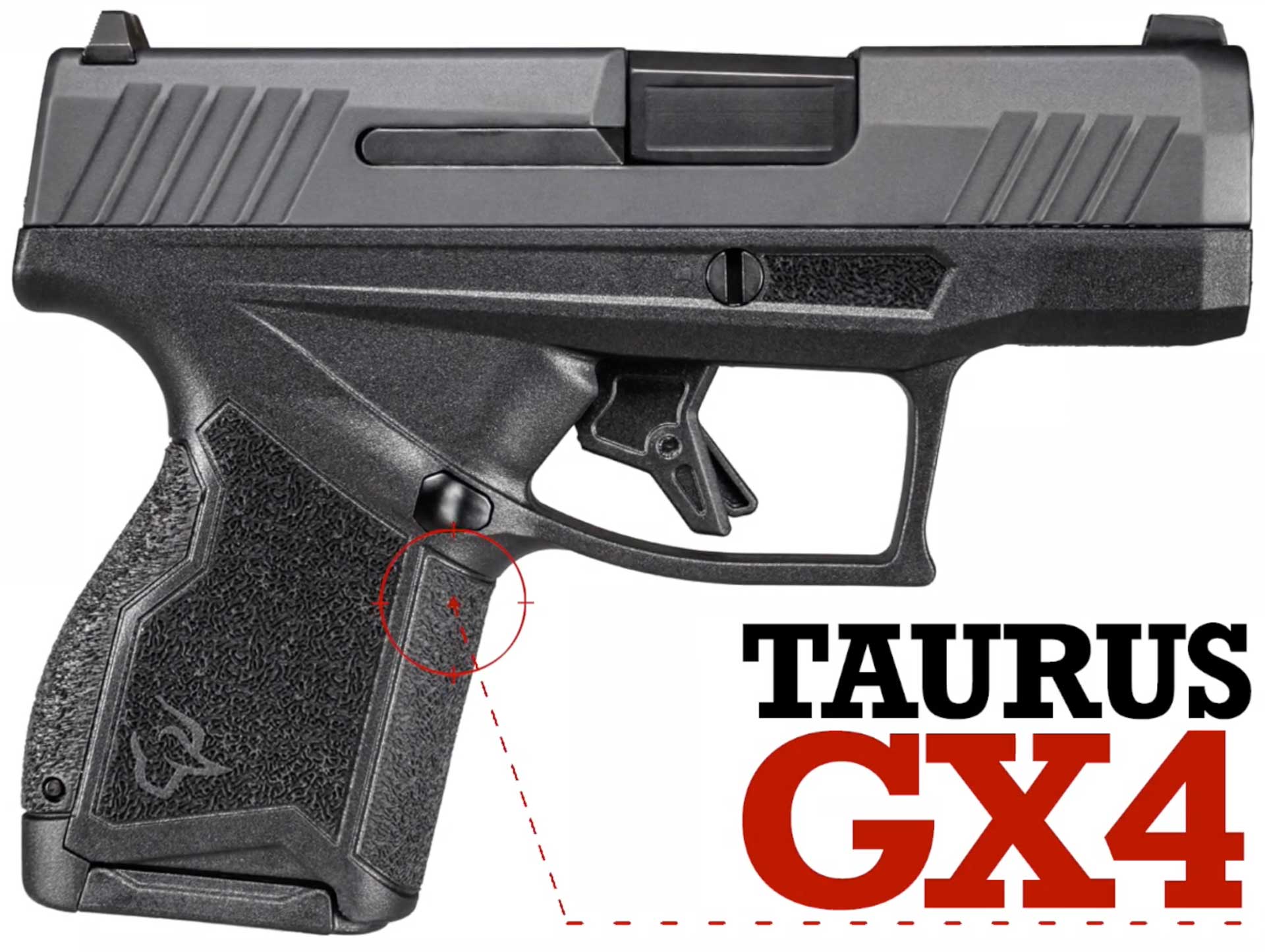 right side handgun pistol black 9 mm semi-automatic text on image noting Taurus GX4
