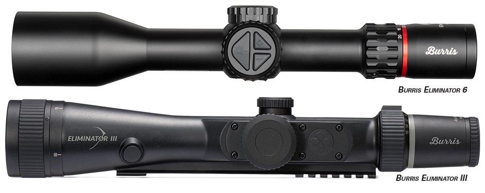 Burris Eliminator 6 versus III top bottom view of digital riflescope comparison black left-side view