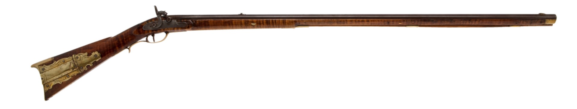 1830 Lancaster County Pennsylvania Percussion Full Stock Rifle. 41", full octagonal, .45 caliber smoothbore barrel with smooth deep dark patina with just some pitting at the breech. The barrel is signed with the script initials "A. R." V notch rear, brass blade front, sights, both on dovetailed bases. Unsigned lock with simple decorative engraving. “Courtesy Heritage Auctions”