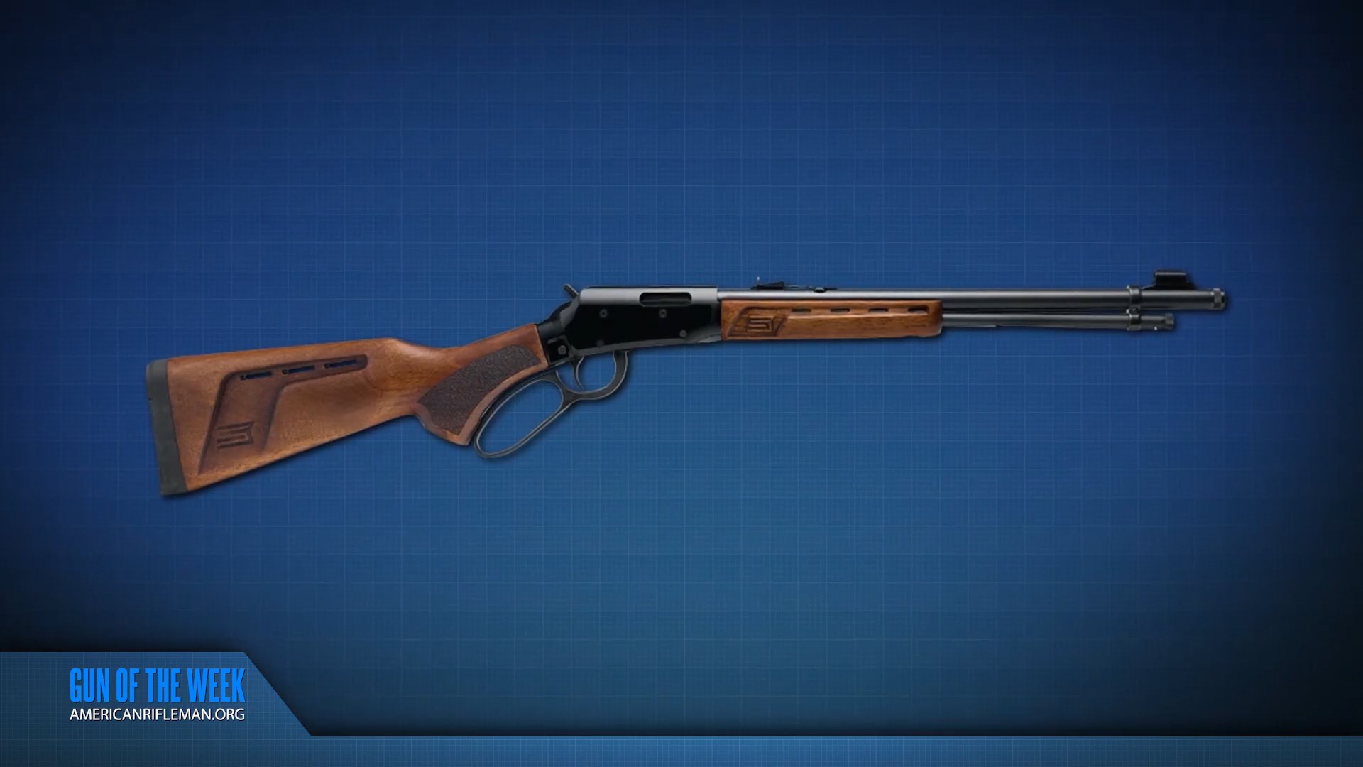 GUN OF THE WEEK AMERICANRIFLEMAN.ORG text on bottom right corner of blue grid screen with Savage Revel DLX lever-action .22LR rifle right side