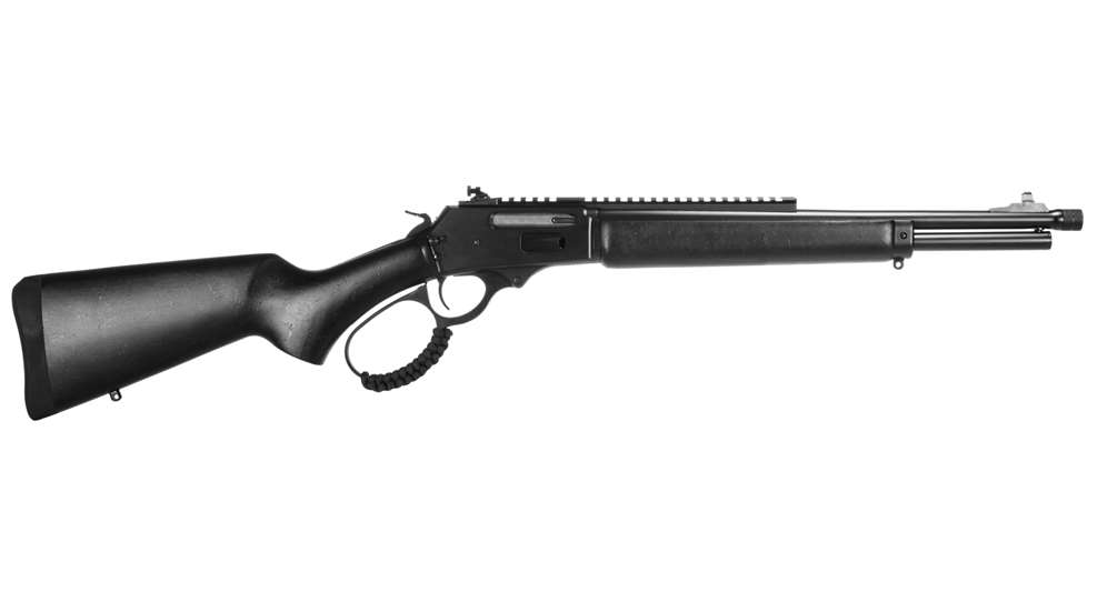 Right-side view of Rossi USA R95 lever-action carbine rifle black stock tactical rail enlarged loop paracord wrap threaded barrel white background
