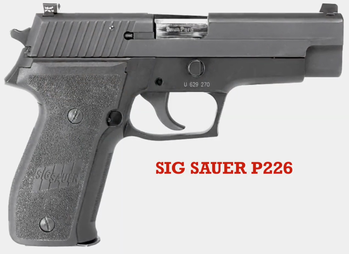 Right-side view of a SIG Sauer P226 pistol shown on white background with text on image notating the make and model.