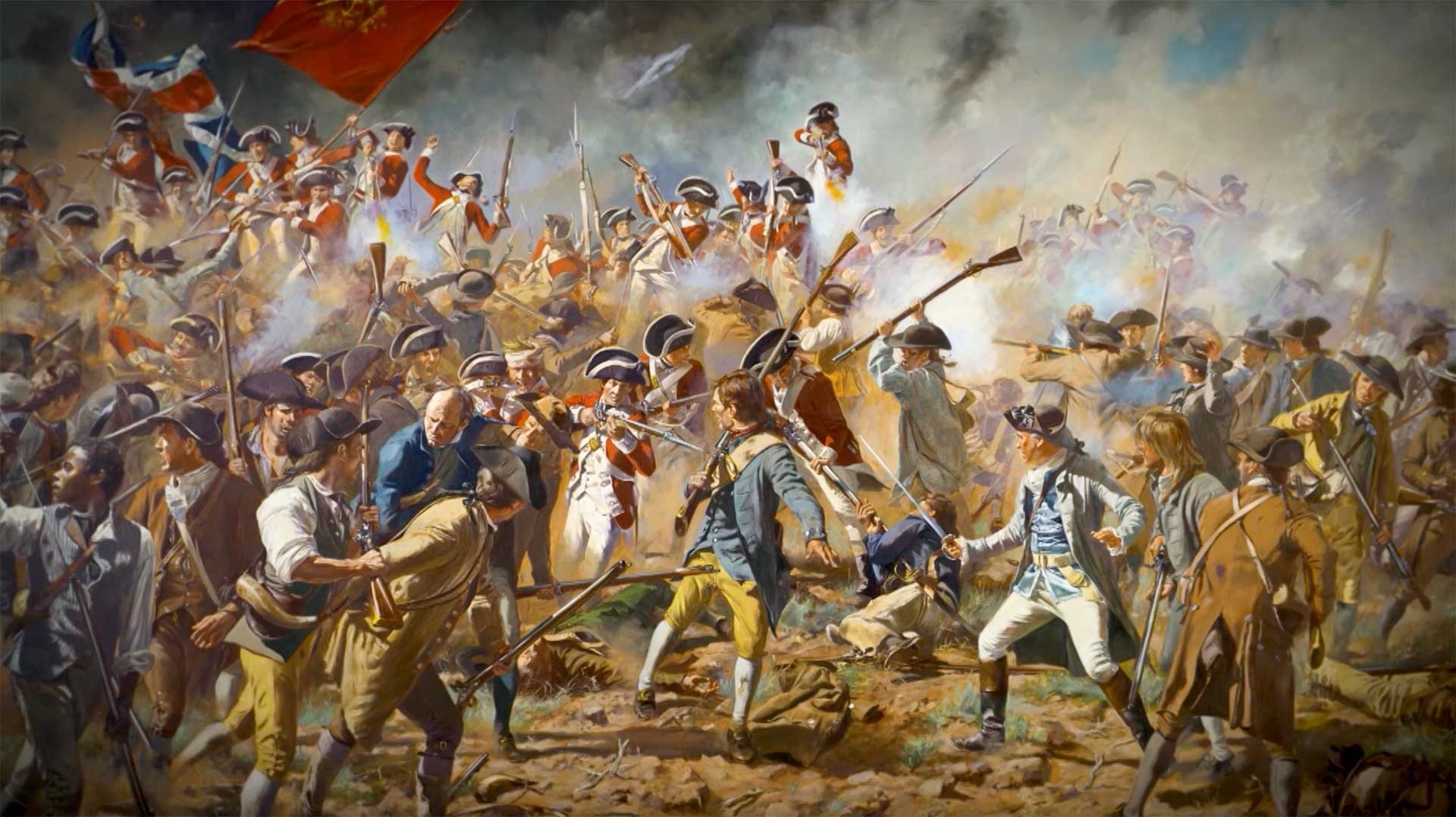 Painting of British infantry and colonial troops in hand-to-hand fighting at the top of Bunker Hill.