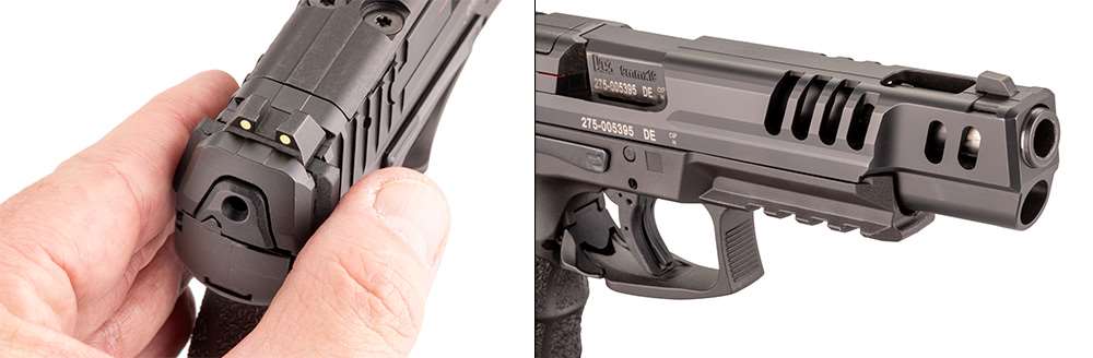 Heckler &amp; Koch VP9 Match features two images left shown with hand operating slide and right image showing detail closeup of barrel muzzle gun pistol