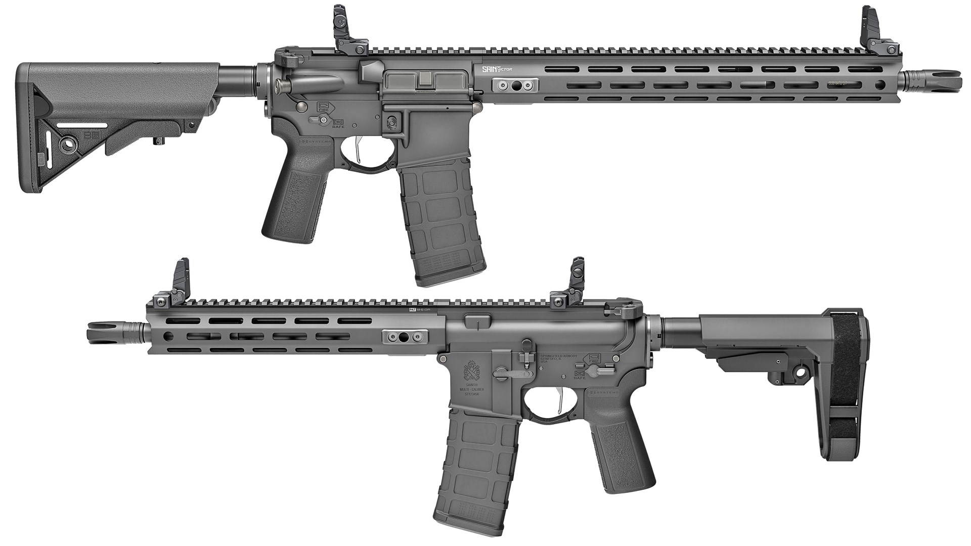 Left and right side profile shots of the Springfield Armory Saint Victor AR-15 carbine.
