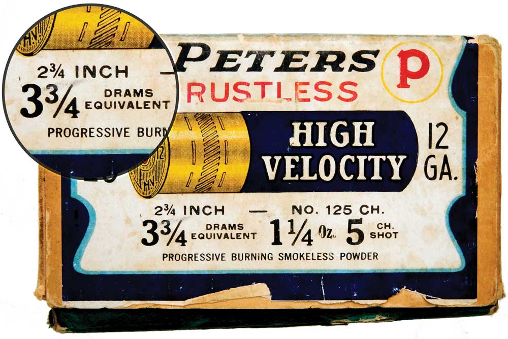 Peters Rustless High Velocity shotshell ammunition with printed data