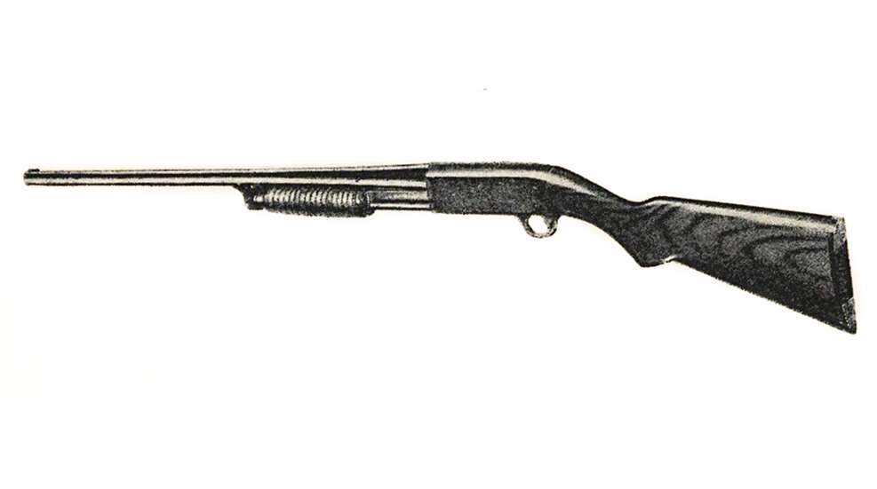 1951-vintage Ithaca Model 37 Featherlight 20-ga. pump-action shotgunn left-side view drawing