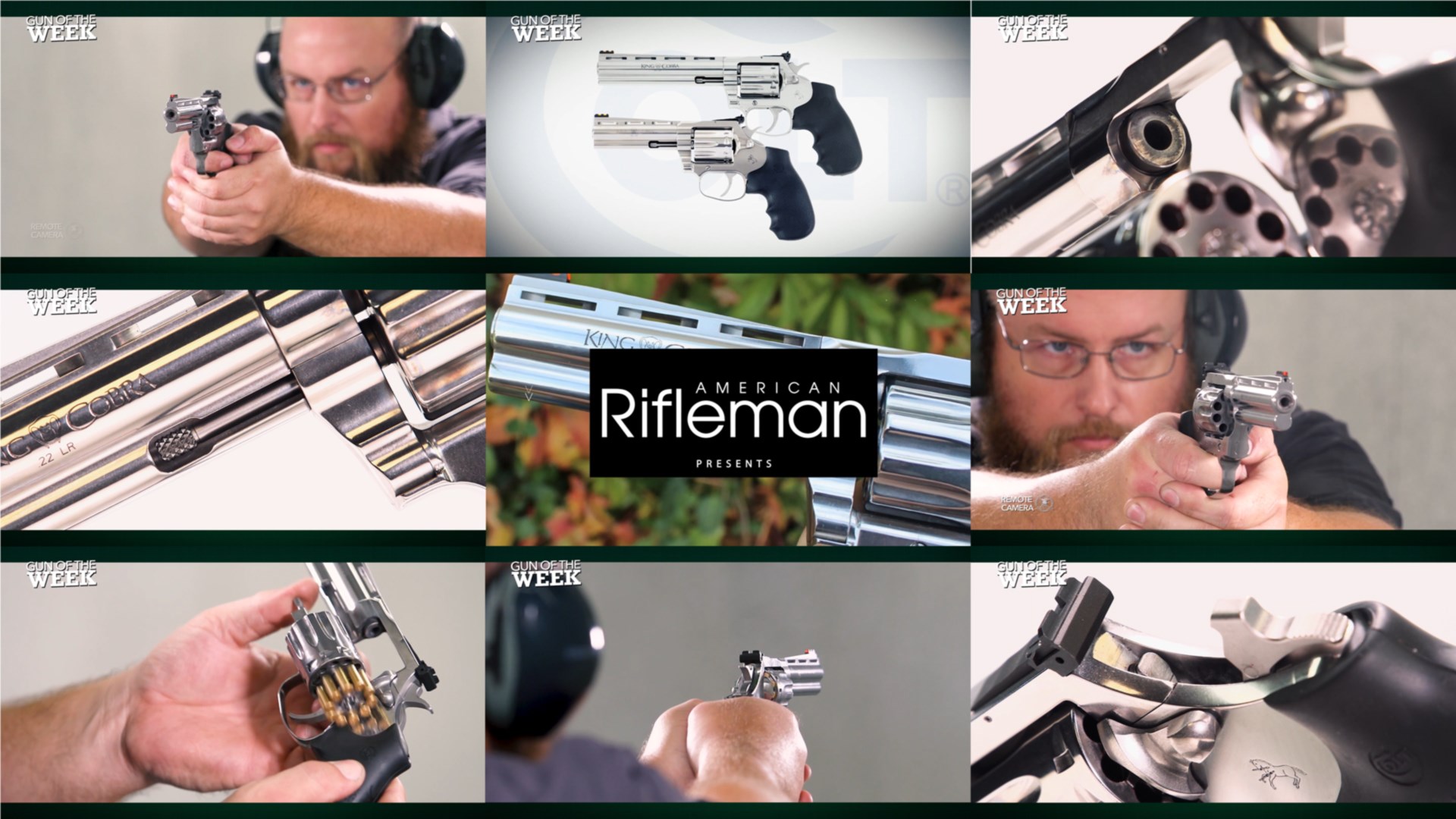 Colt King Cobra Target .22 LR revolver mosaic 9 images arrangement guns man shooting text in center tile noting AMERICAN RIFLEMAN PRESENTS