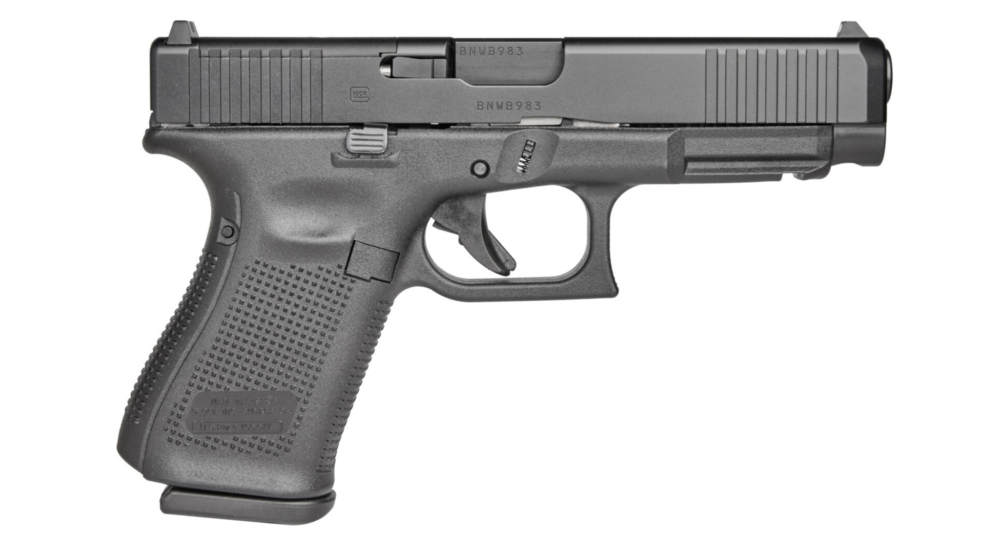 Right side of the black Glock 49 MOS pistol.