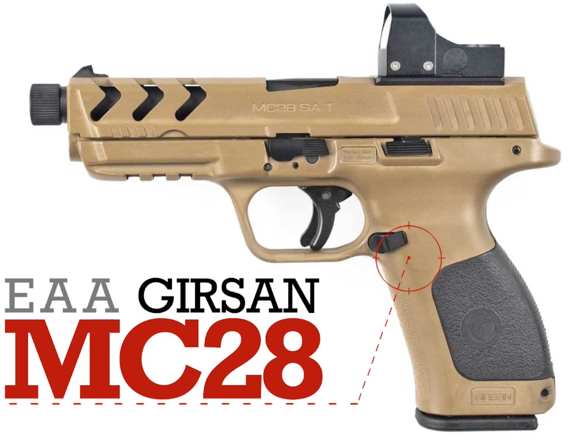 left side brown handgun pistol gun text on image noting make and model "EAA GIRSAN MC28"