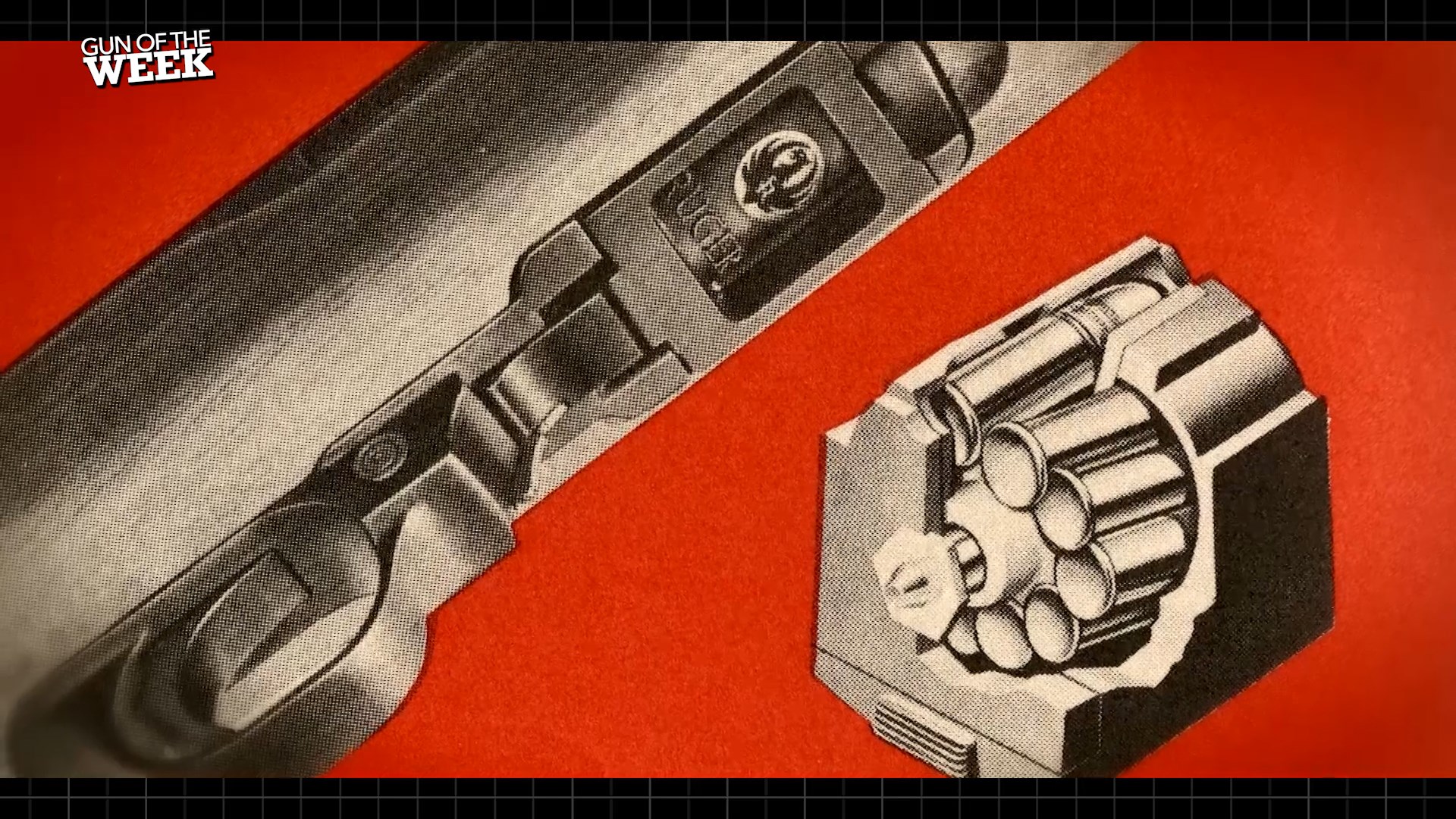 Video screenshot of vintage Ruger artwork gun rifle 10/22 carbine magazine line drawing cutaway cartridges ammo bullets mag red background
