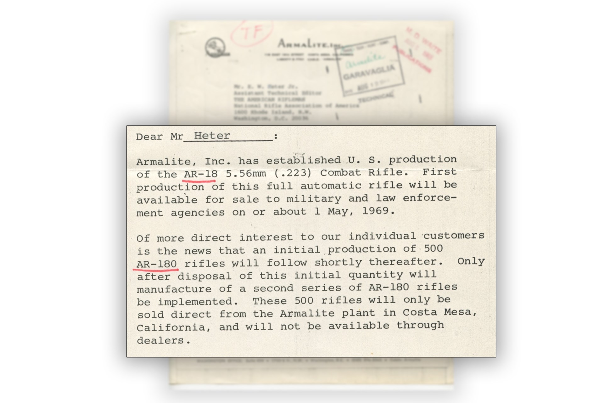 Letter to American Rifleman from Armalite expressing information regarding AR-18 Combat Rifles