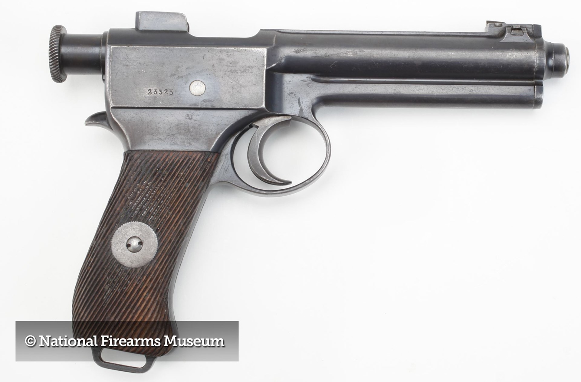 M1907 Roth-Steyr pistol semi-automatic rotary metal gun right-side view on white background text on image noting copyright National Firearms Museum