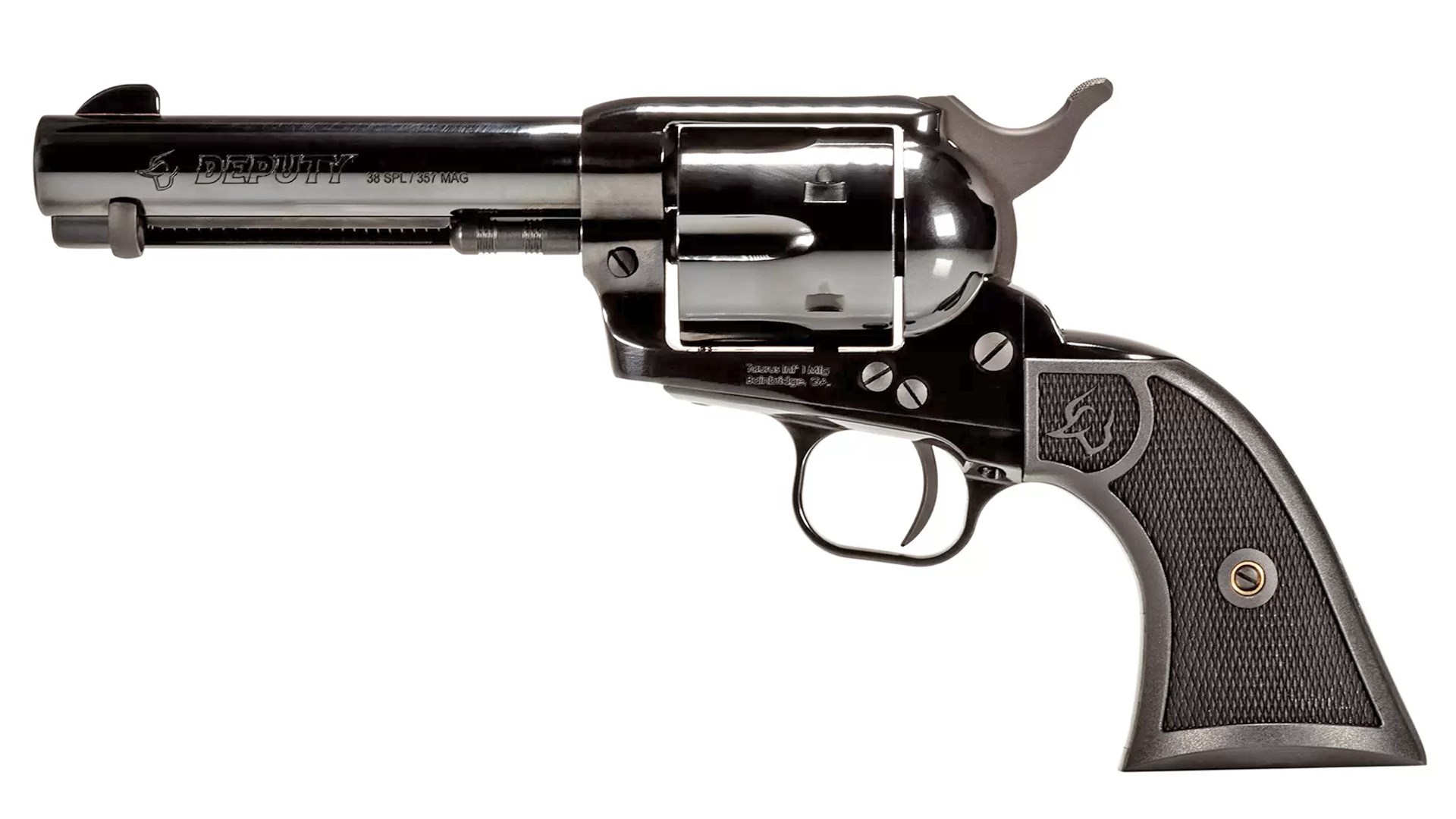 Left side of the black Taurus Deputy single-action revolver.