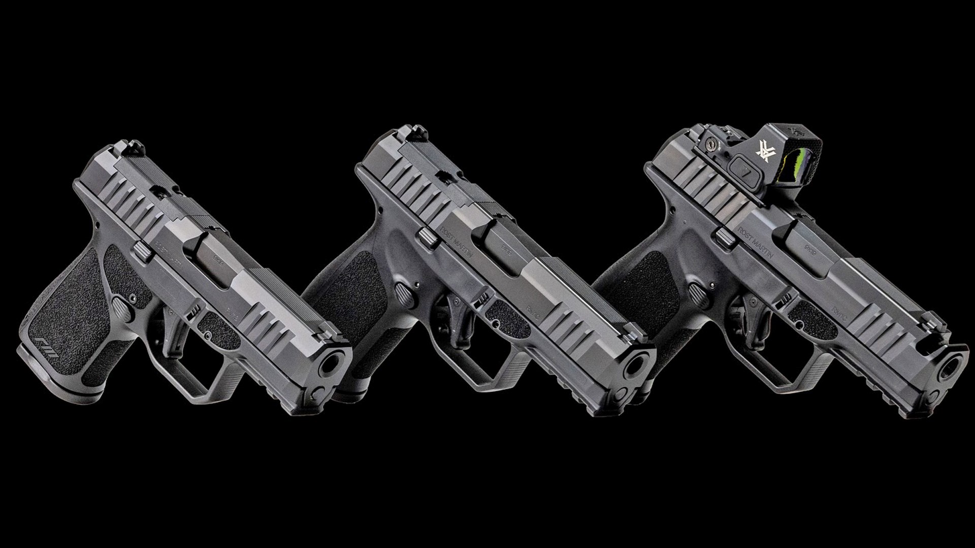 The Rost Martin RM1S, RM1C and RM1C Comped lined up on a black background.