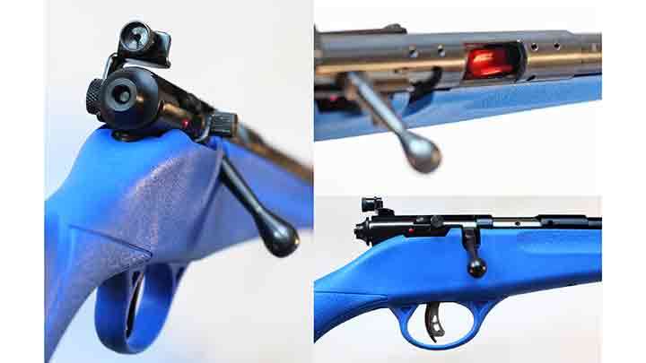 Features of the Savage Rascal include an aperture rear sight, adjustable for windage and elevation (left), a &quot;load assist&quot; ramp (top right) and Savage&#x27;s adjustable Accu-Trigger (bottom right).