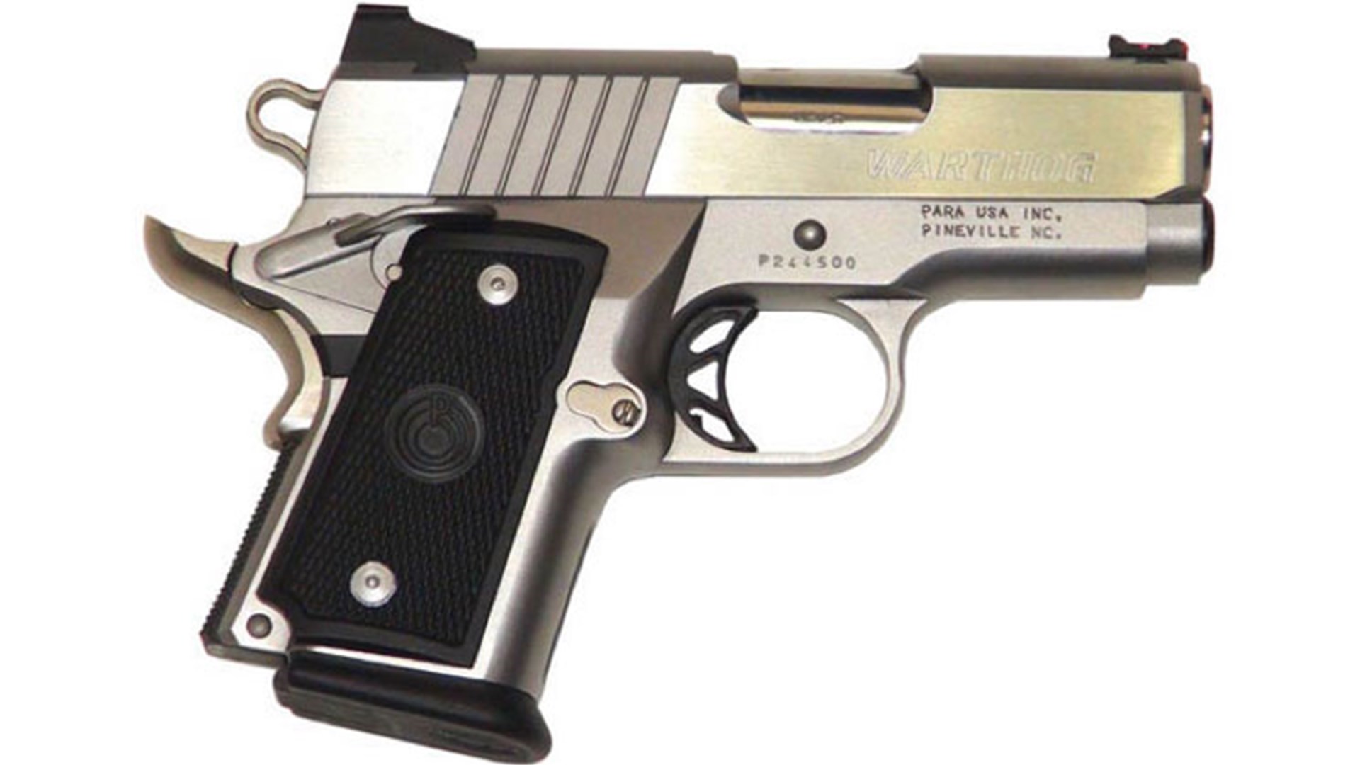 Right-side view of para ordnance warthog 1911-type pistol stainless steel black grips double-stack frame .45 ACP