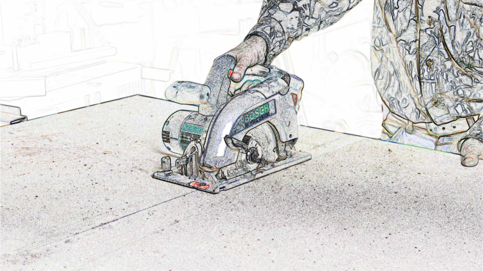 rendering drawing of man at workbench circular saw cutting wood MDF