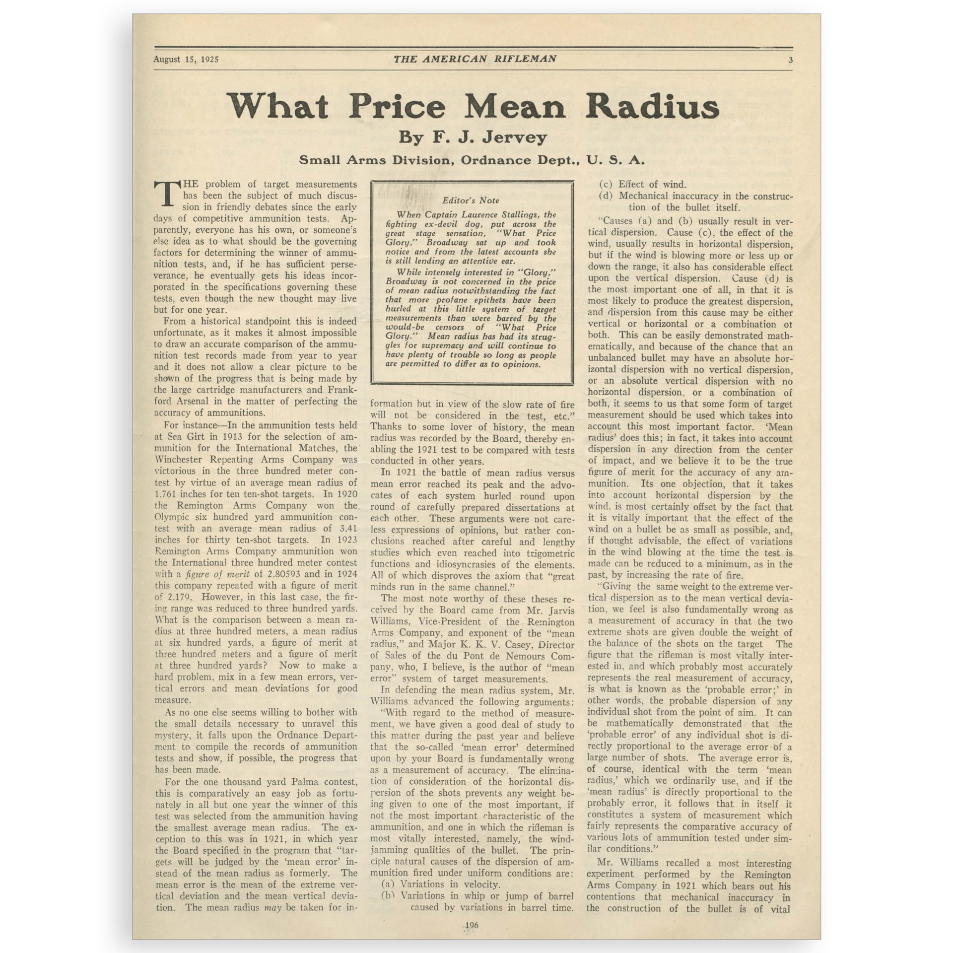August 15, 1925 magazine article page text on image "WHAT PRICE MEAN RADIUS BY F.J. JERVEY SMALL ARMS DIVISION ORDNANCE DEPT. U.S.A."
