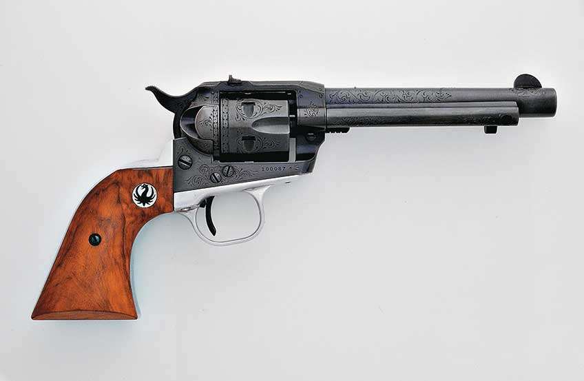 Ruger shipped this Jerred-engraved Revised Standard Pattern Single-Six, serial No. 100087, in June of 1958 to a distributor in Kentucky. Note the engraved screw heads and the contoured loading gate. This gun was part of the last shipment of seven barreled receivers to be engraved. Shortly thereafter the engraving project was suspended.
