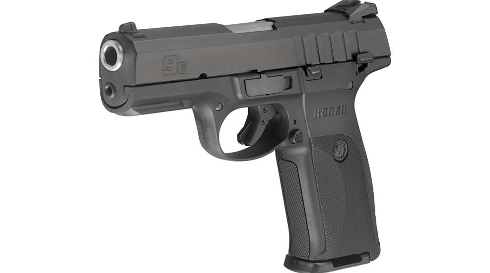 Ruger 9E gun pistol handgun quartering view black plastic metal tool