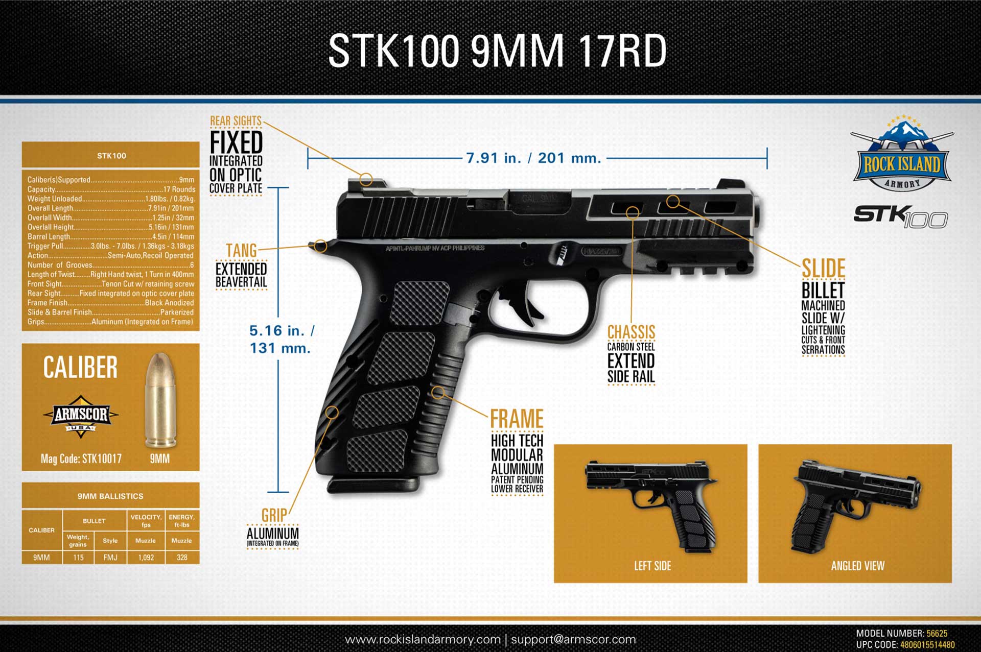 Box of specifications on the Rock Island Armory STK100, highlighting key points on the gun, as well as its dimensions.