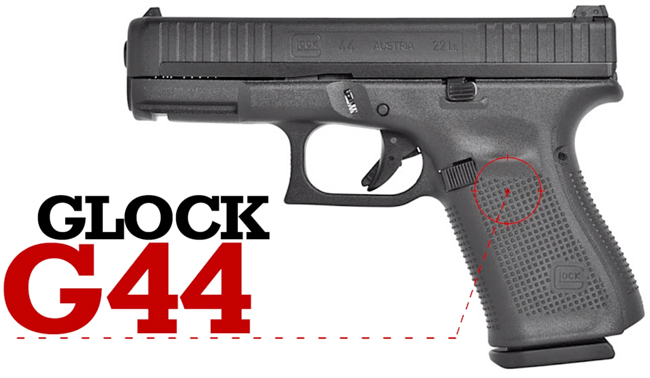 Left-side view of Glock G44 rimfire pistol on white backround with make and model text description in black and red.