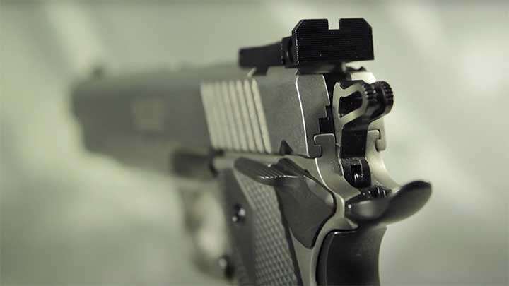 A closer look at the Bomar-style rear sight that is fully adjustable.