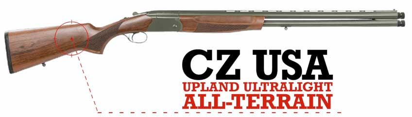 wood stock shotgun with green barrel and text on image notating make and model CZ USA Upland Ultralight All-Terrain