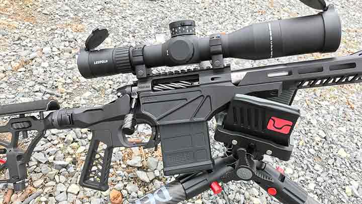 A closer view of the Leupold Mark 5HD 3.6-18x44 mm scope mounted to the FALKOR CSS.