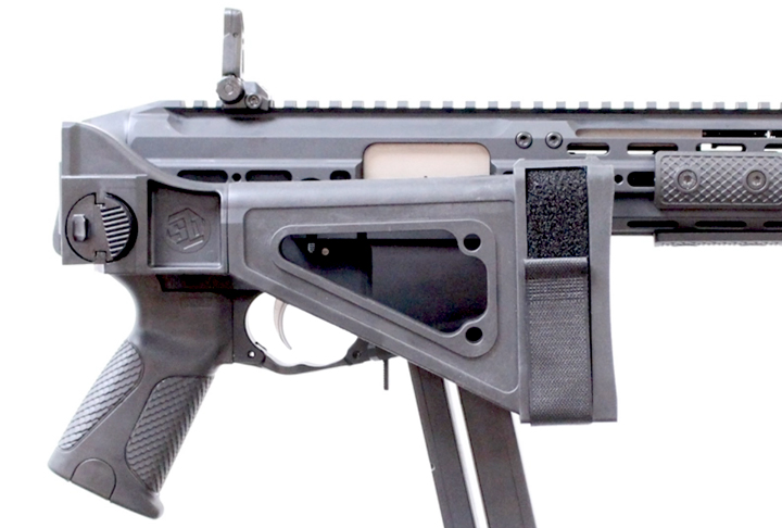 Right-side view of LWRCI SMG 45 on white background showing the gun&#x27;s folding brace.