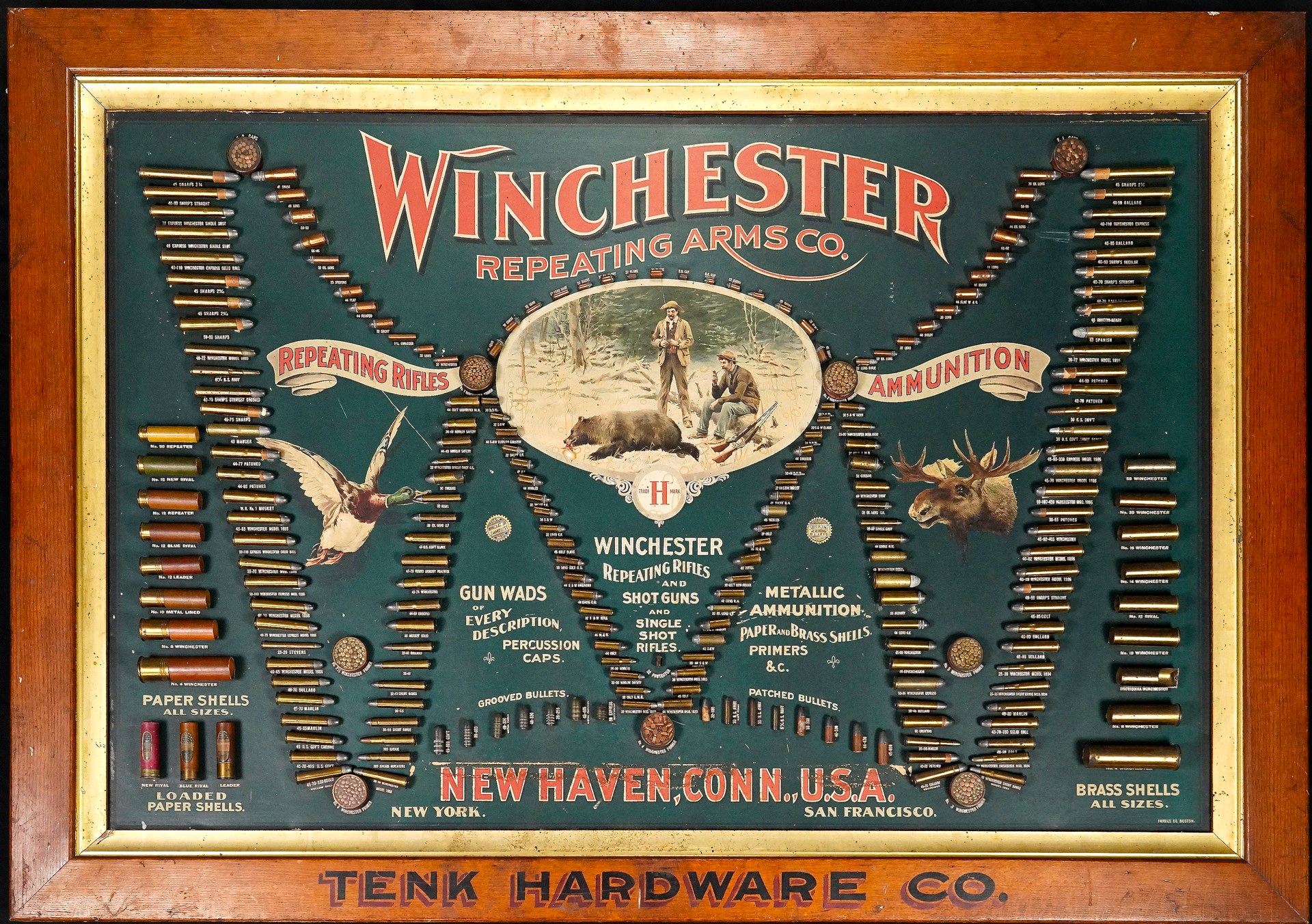 A 100% complete Winchester “Double W” 1897-era ammunition board will be auctioned off.