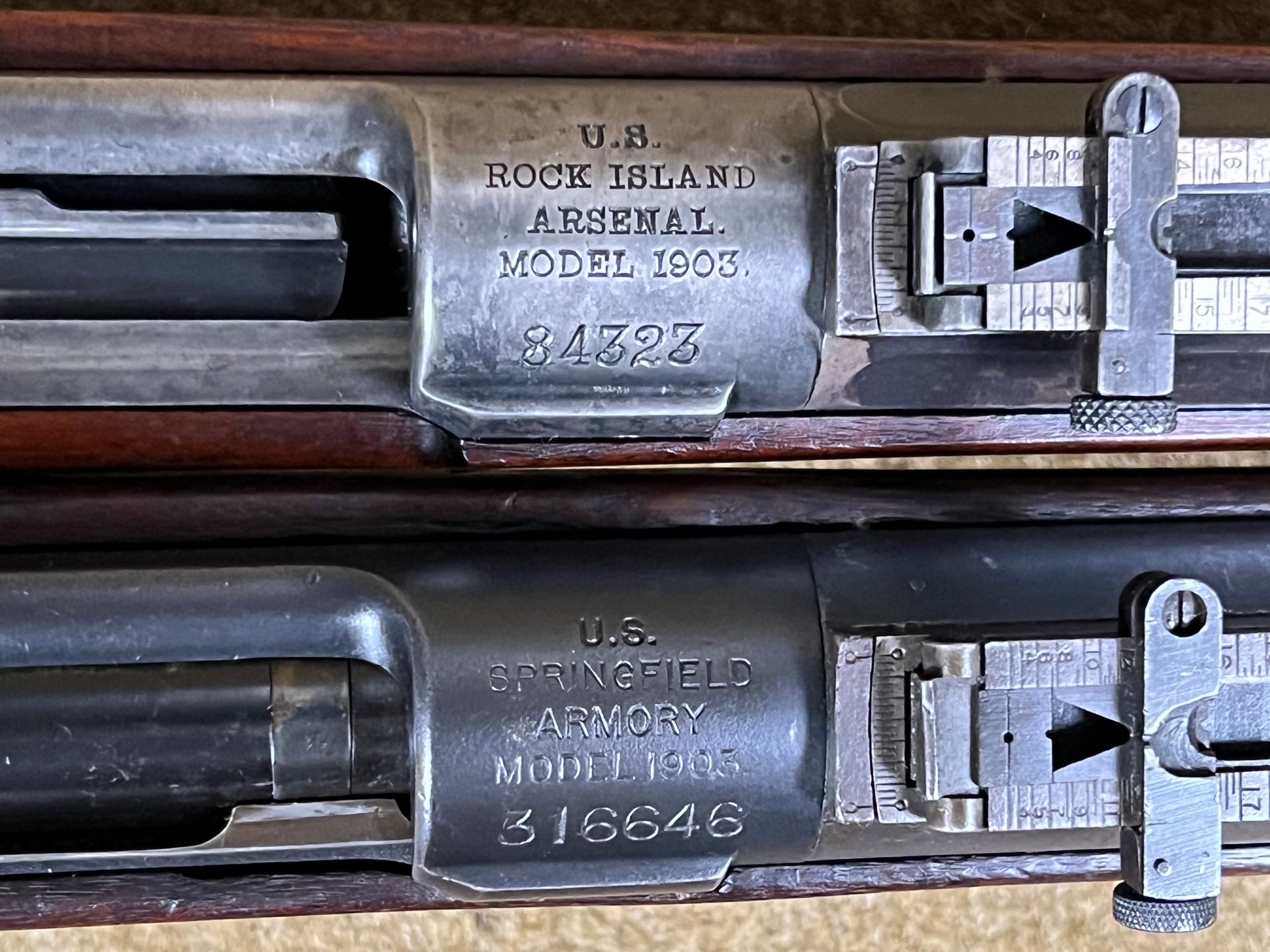Rock Island Arsenal M1903 rifle receiver top and sprinfield armory m1905 rifle receiver below