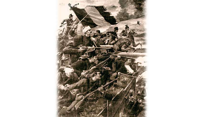 Artist rendition of men at war with flag and men fighting.