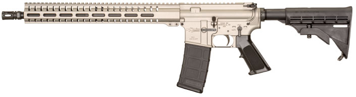 Left-side view on white background of CMMG resolute 100 semi-automatic rifle.