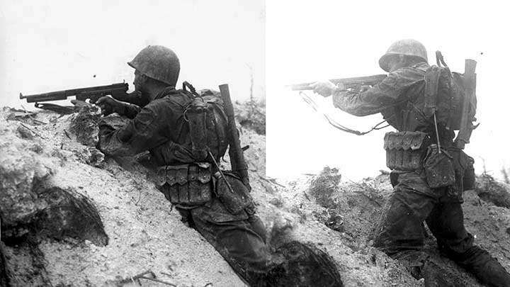 Two photographs showing a Marine of the 1st Marine Division fighting on Peleliu with an M1A1 Thompson submachine gun that is equipped with the simplified L-sight. OFFICIAL USMC PHOTOGRAPH.