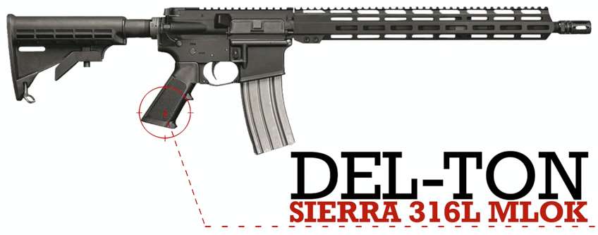 Right side black rifle with text on image noting make and model &quot;Del-Ton Sierra 316L MLOK&quot;