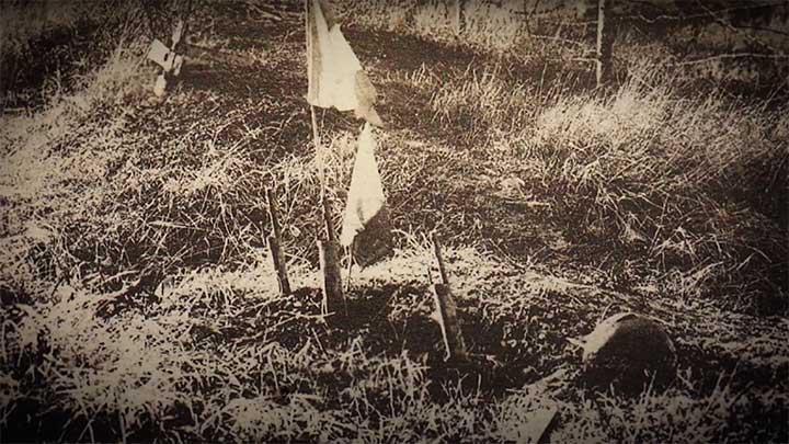 The muzzles of buried French rifles protruding from the ground marking  graves.