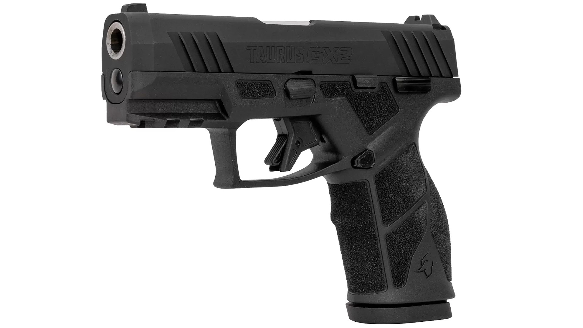 Taurus USA GX2 semi-automatic 9 mm pistol left-side view slightly quartered muzzle picatinny rail black polymer frame black metal steel slide stainless steel barrel trigger safety textured grip panels