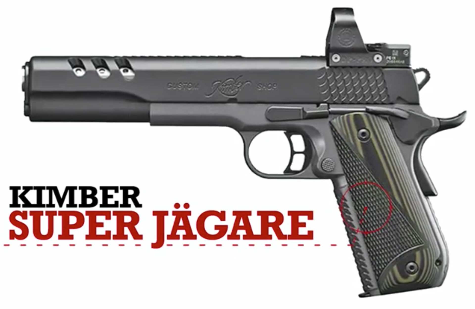 pistol left side two-tone optic metal steel micarta text on image noting make and model "Kimber Super Jagare"