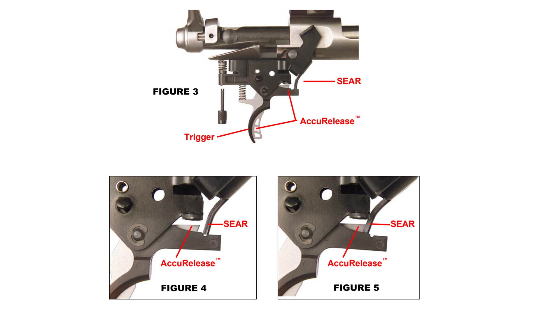 savage accutrigger three images showing parts relationship with callouts text on images