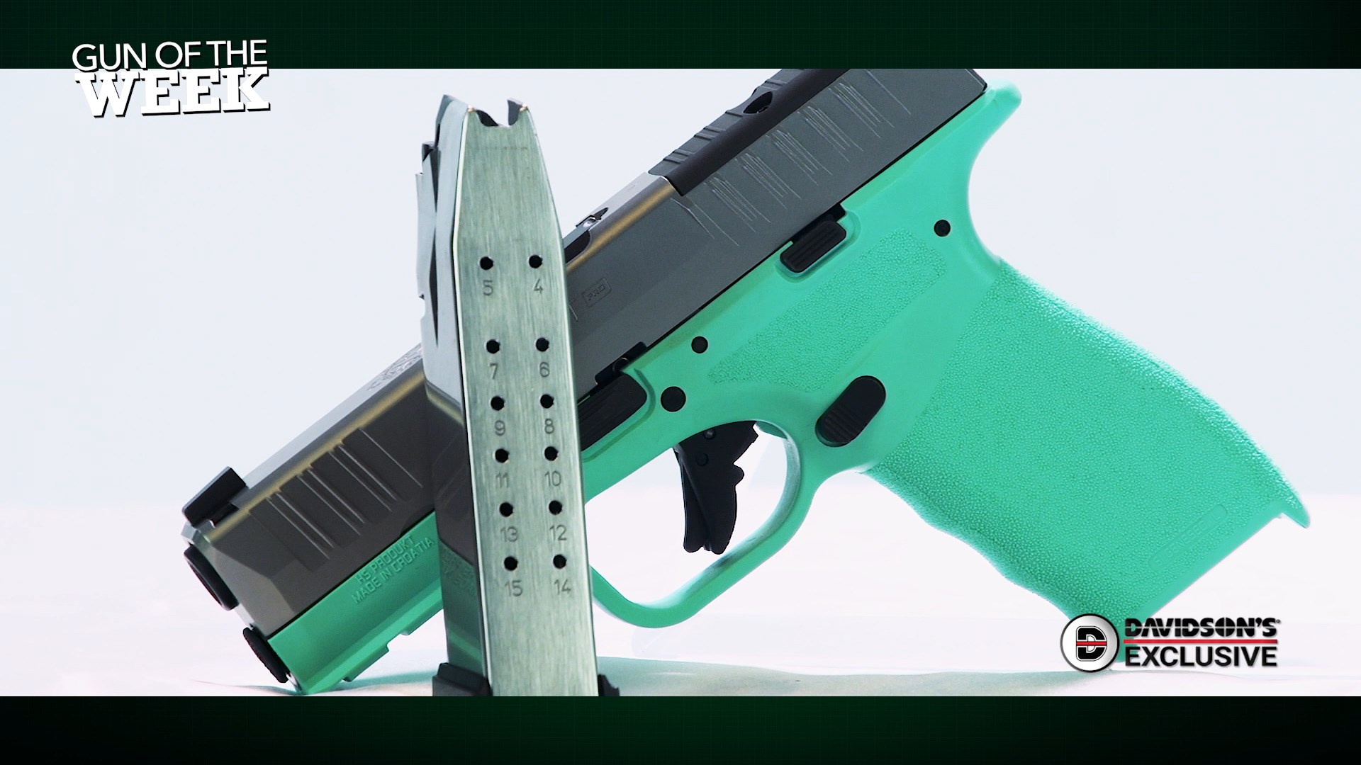 GUN OF THE WEEK DAVIDSONS EXCLUSIVE text on image of Springfield Armory Hellcat Pro OSP pistol left-side view shown with empty stainless steel 18-round magazine foreground