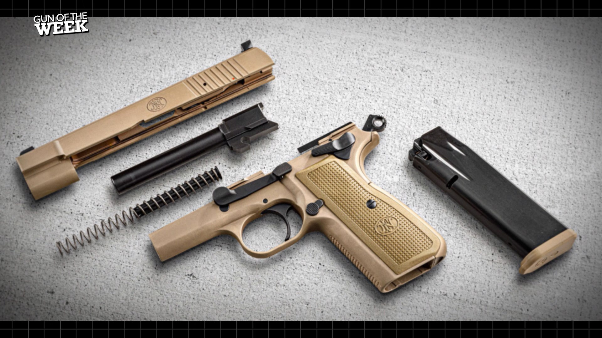 left-side view of FN America High Power pistol disassembled parts fieldstripped gun FDE finish