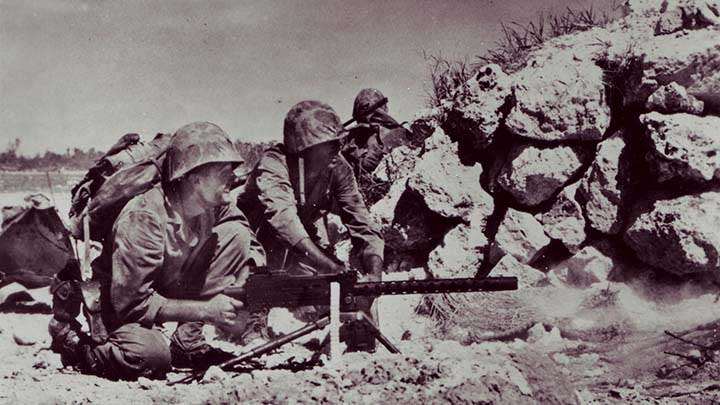 Marines of the 1st Marine Division firing an M1919A4 .30-caliber machine gun during the battle. From the Frederick R. Findtner Collection (COLL/3890), Marine Corps Archives &amp; Special Collections OFFICIAL USMC PHOTOGRAPH.