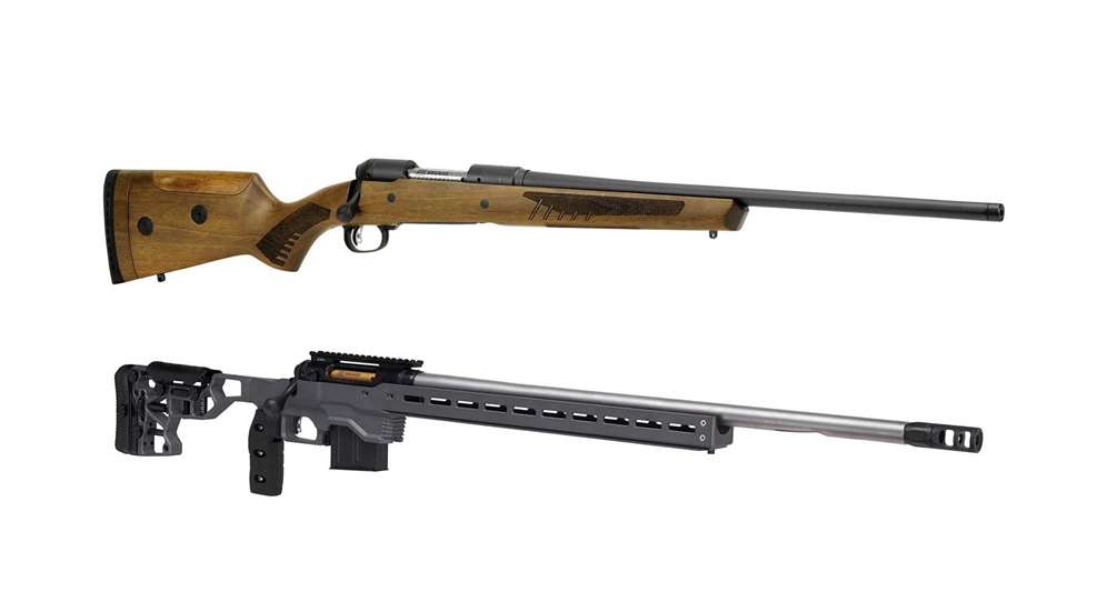 Two Savage Arms Model 110 bolt-action rifle, wood stock, machined chassis