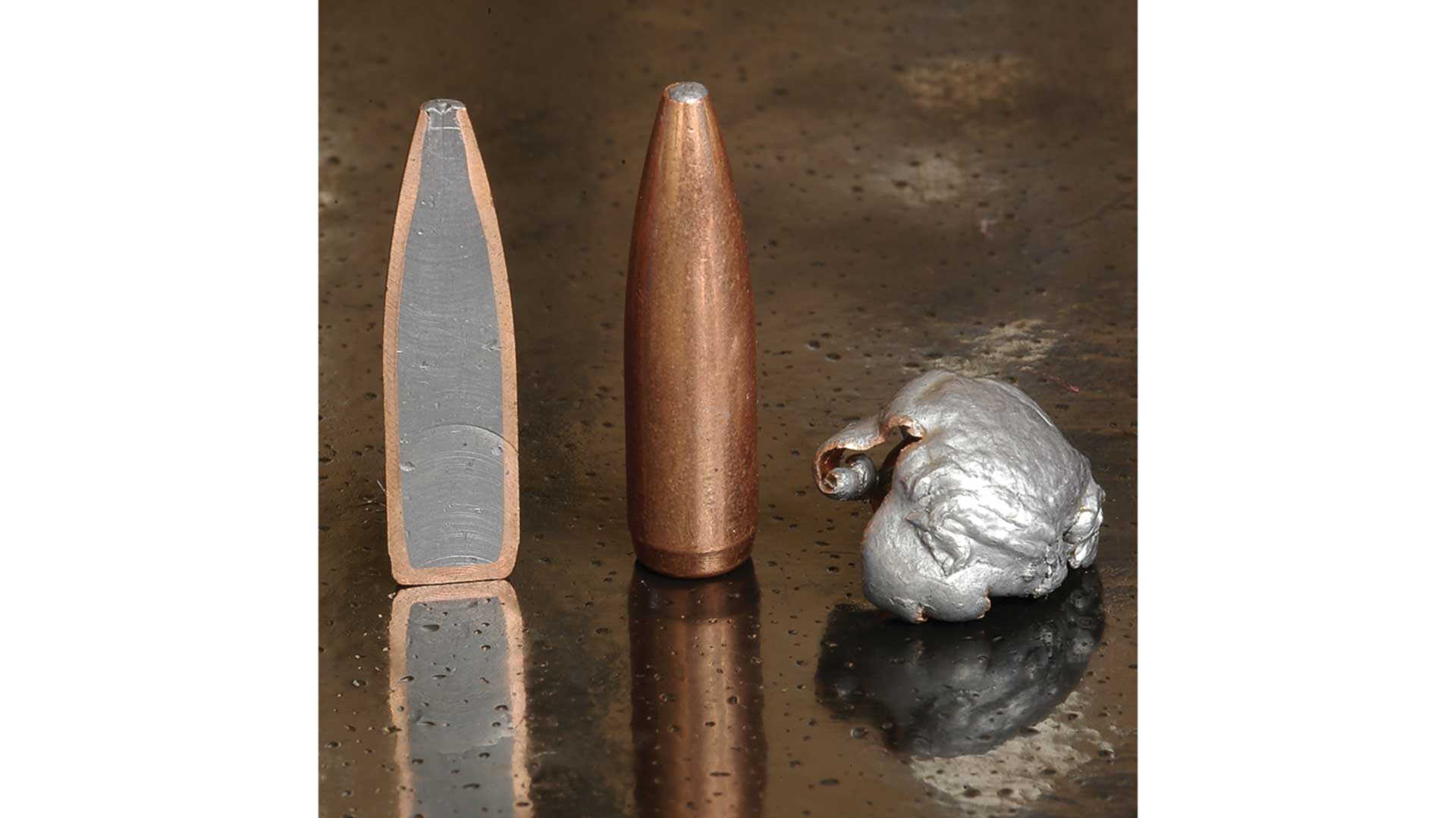 federal fusion bullet cutaway next to solid bullet next to expanded lead wad chunk leftover terminal performance expansion