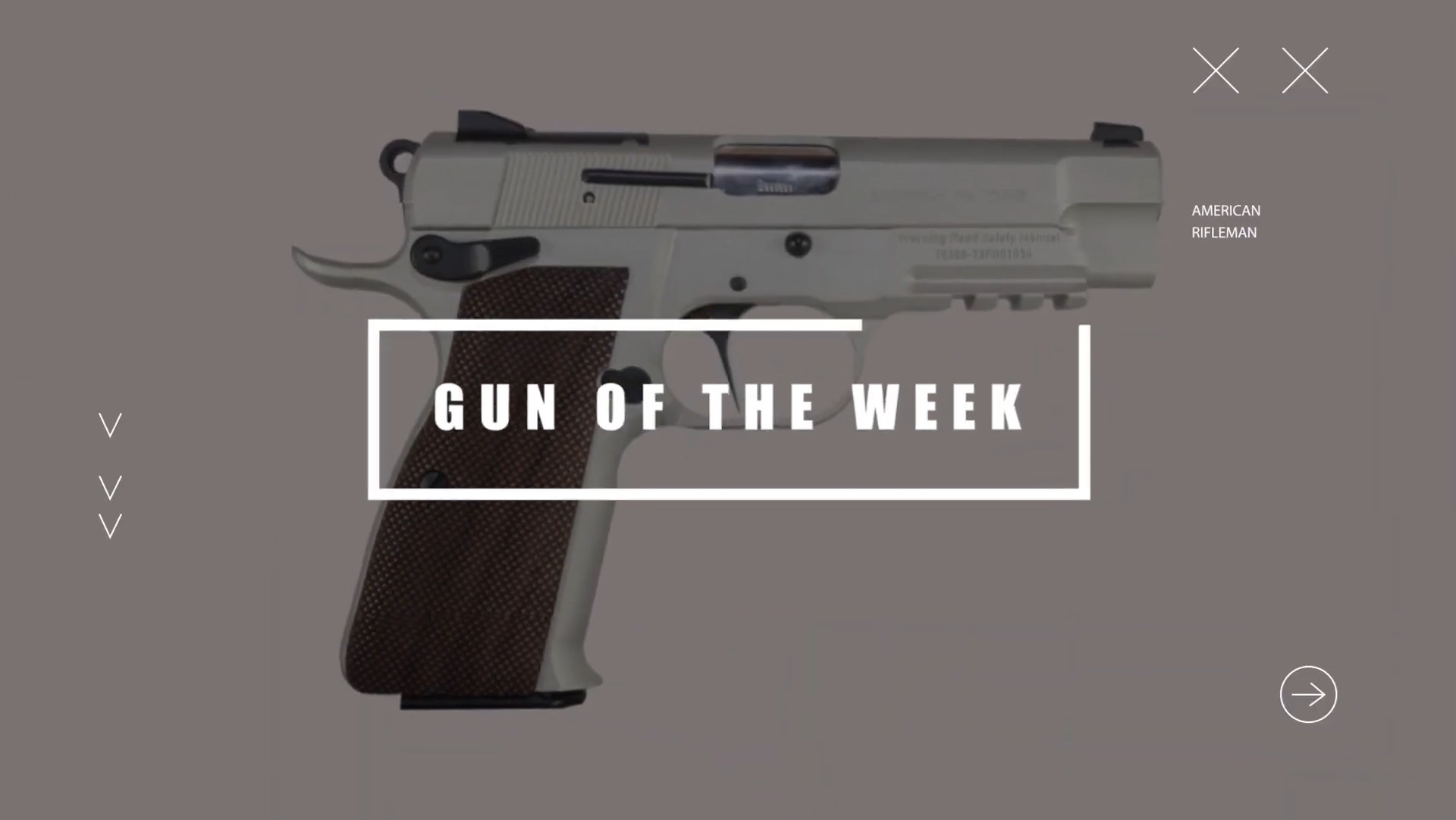 Gun of the week title screen overlay text box over gun pistol stainless steel handgun high power girsan