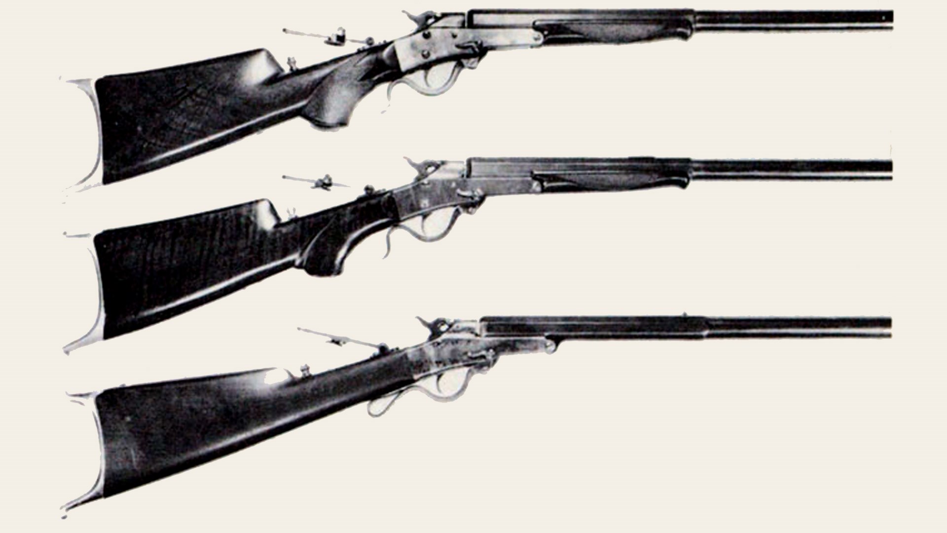 Various Maynard cartridge rifles. From top, they are: No. 16 "Improved Target Rifle," Model 1882; No. 15 "Improved Target Rifle", Model 1873; and No. 13 "Improved Mid-range Target Rifle," which was equipped with an elevating tang sight, wind gauge front sight with spirit level, and a Schuetzen buttplate.